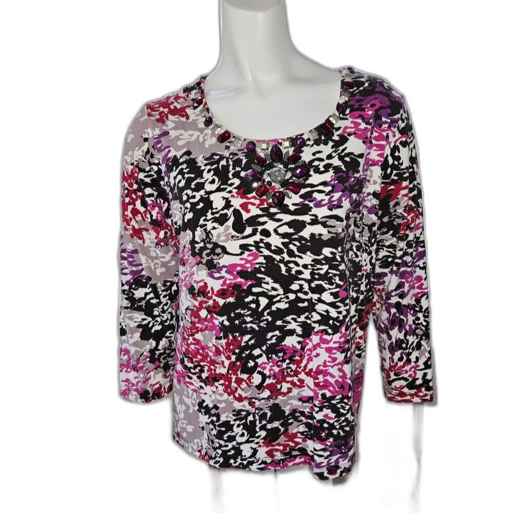 Ruby Rd Purple Black White Abstract Long Sleeve Blouse Womens Size Large